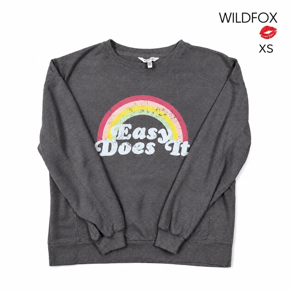 Wildfox Easy Does It Rainbow Sweatshirt XS Gray Graphic Pullover Retro Lounge